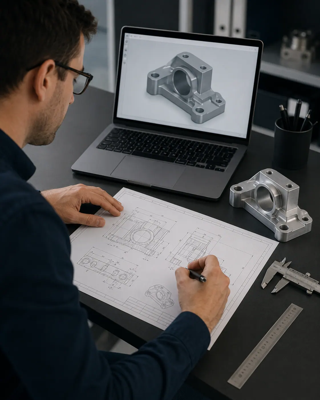 Technical drawing prepared for a custom-part quotation